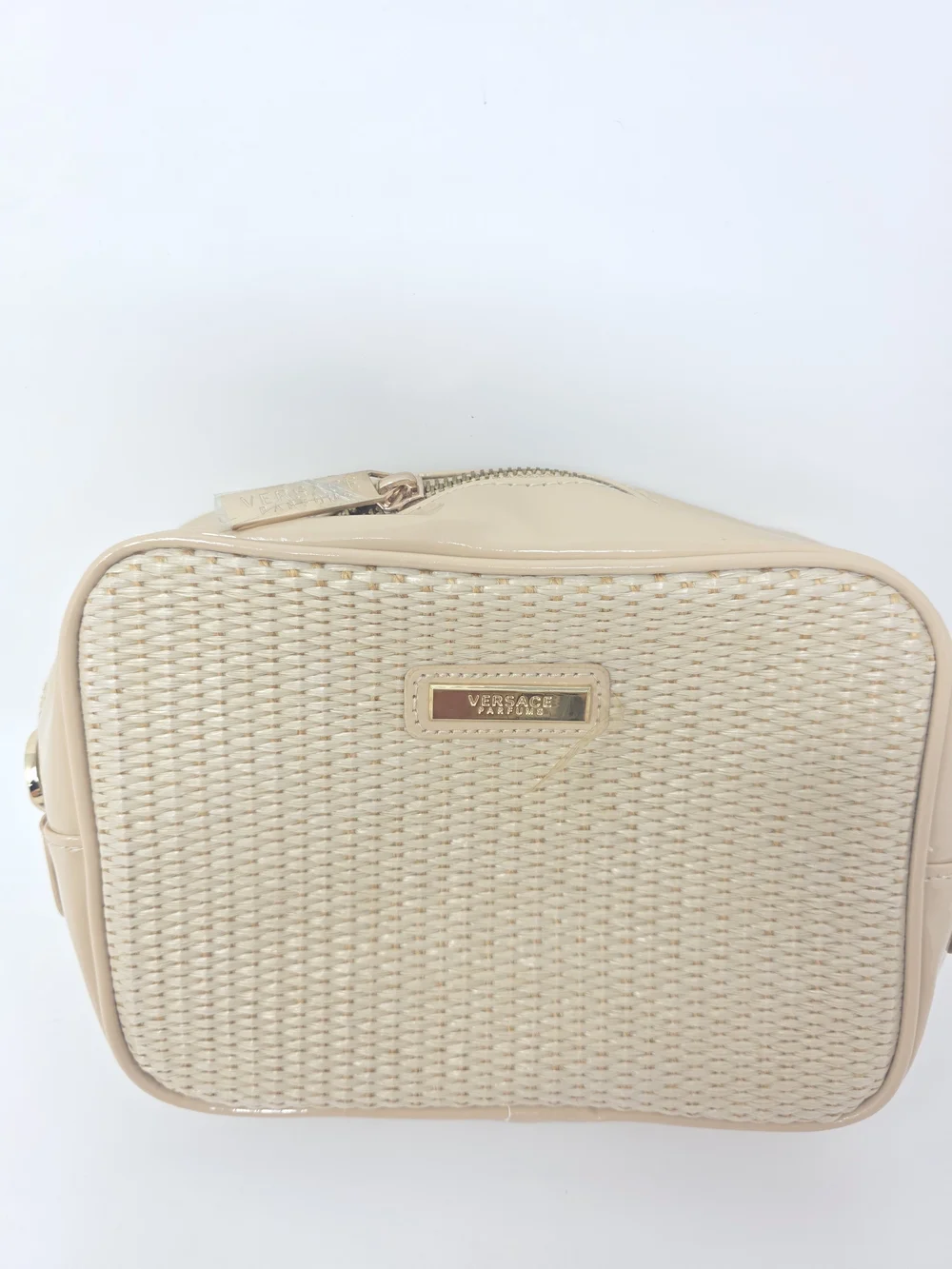 VERSACE Woven Bag Gloss Trim Makeup Cosmetic Perfume Bag Tan Gold Zip Closure